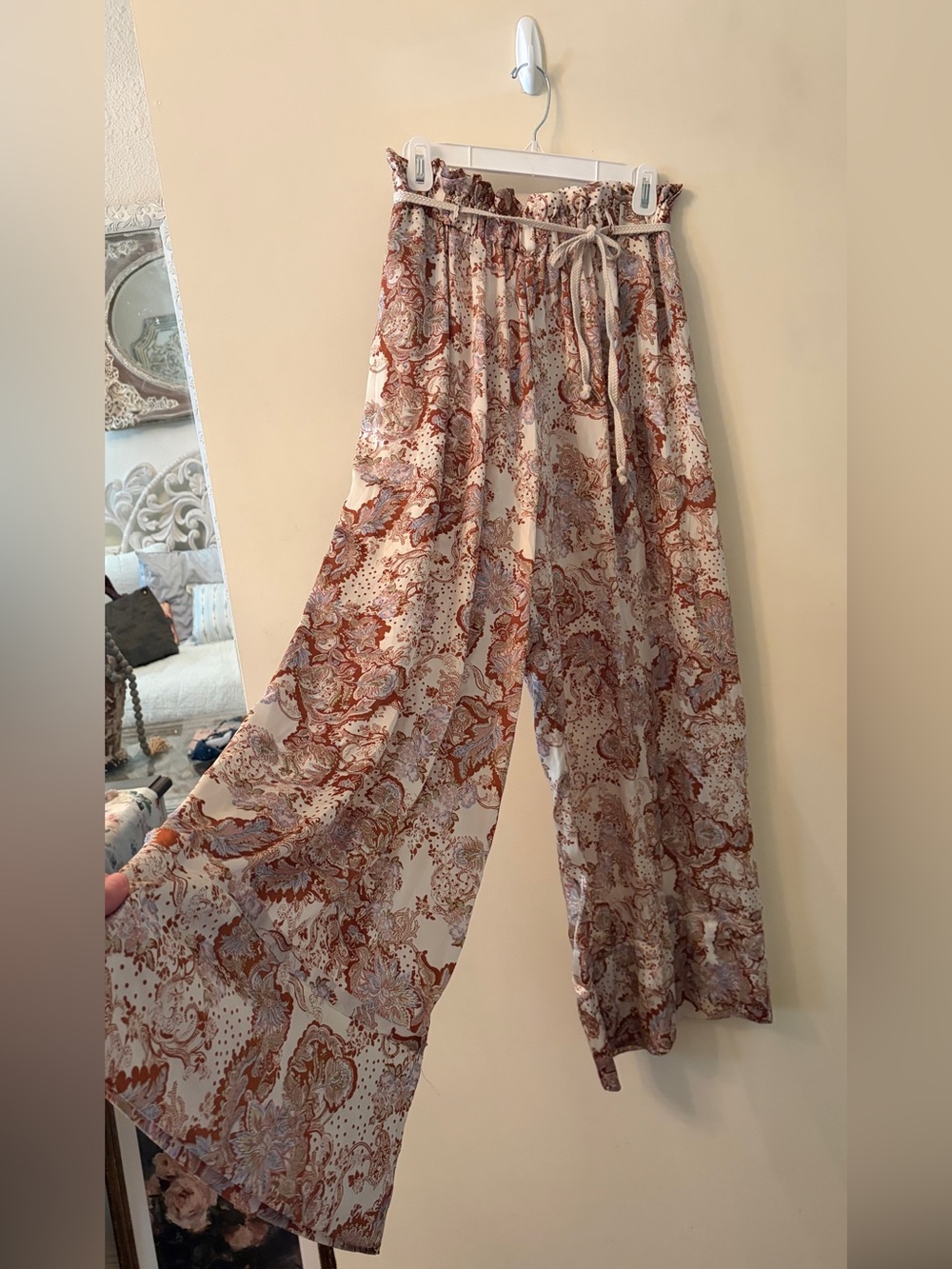 Free People Cream Wide-Leg Printed silk Pants with Rust and periwinkle Paisley